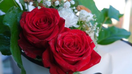 Foto de Un ramo de dos hermosas rosas rojas, hojas verdes y flores blancas - Imagen libre de derechos