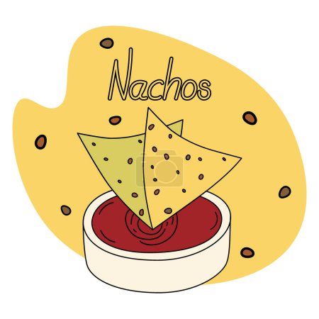 Téléchargez les illustrations : Colorful image of Corn Mexican chips Nachos and sauce in the bowl with lettering Nachos by hand. Latin American cuisine. Sticker. Icon. Isolate. Good for web, poster, logo, wallpaper or label. EPS - en licence libre de droit