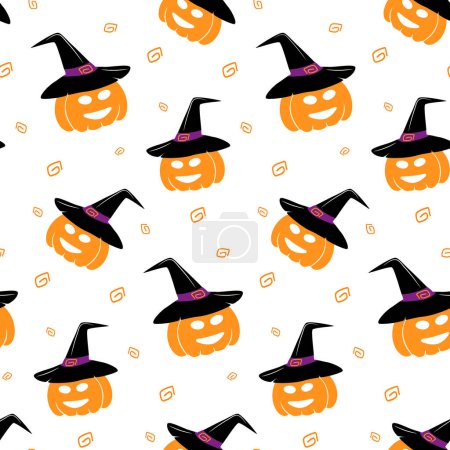 Vector Modèle sans fin de citrouille souriante dans un chapeau de sorcière et des éléments abstraits autour dans des teintes d'Halloween à la mode. Isoler. Joyeux Halloween. Conception pour l'emballage, affiche, bannière ou carte, prix ou étiquette. SPE