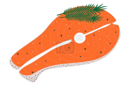 Illustration for Vector Abstract image of salmon steak with rosemary sprig and spices in trendy shades. Healthy food Day. Sticker. Icon. Isolate. Design for poster, banner, brochures or price, label, card. Vector. EPS - Royalty Free Image