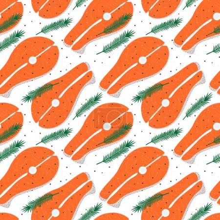 Illustration for Seamless pattern of abstract image of salmon steak with rosemary sprig and spices. Healthy food. Seafood. Eating Healthy Day. Design for wrapping or web, packing, card or price tag, label. Vector. EPS - Royalty Free Image