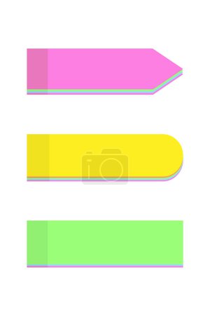 Téléchargez les illustrations : Lot de 3 autocollants en papier coloré de différentes formes aux couleurs vives tendance sur un fond transparent. Bureau Modèle de poste de couleur dans les tons jaune, rose et vert. Pointeur. Isoler. Vecteur. SPE - en licence libre de droit