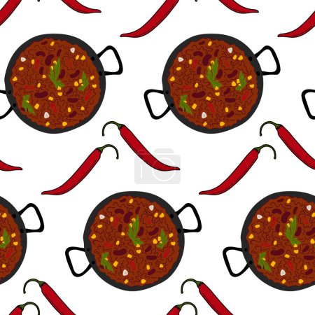 Illustration for Endless pattern of Chili con carne and red hot chili pepper. Traditional Mexican spicy food. Isolate. Vector. EPS. Design for wrapping, poster, banner, greetings, card, price, label, wallpaper or web - Royalty Free Image