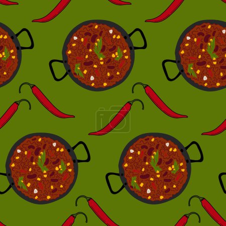 Illustration for Seamless pattern of Chili con carne in a cast iron pan and red hot chili pepper in trendy bright colors. Flat lay. Isolate. EPS. Vector design for wrapping, wallpaper, posters, cards or web, price tag - Royalty Free Image