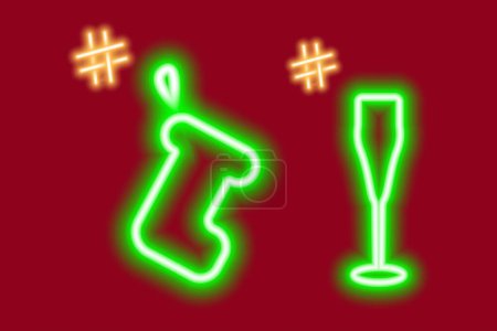 Téléchargez les illustrations : 2 icônes lumineuses néon de chaussette cadeau et verre à vin avec hashtags. Concept pour salutations ou recherche. Vecteur pour affiche, bannière, brochure, panneau d'affichage, carte de vœux ou d'invitation, étiquette de prix, étiquette ou web - en licence libre de droit