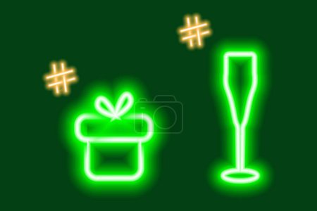Téléchargez les illustrations : 2 icônes lumineuses au néon de boîte cadeau et verre à vin avec des hashtags. Concept de félicitations ou de recherche. Vecteur pour affiche, bannière, brochure, panneau d'affichage, carte de vœux ou d'invitation, prix, étiquette ou web - en licence libre de droit