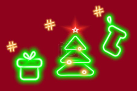 Ilustración de 3 Iconos de Navidad brillantes de neón con signo de hashtag. Concepto de diseño para búsqueda, saludos o invitación. EPS. Vector para póster, banner, folleto, vallas publicitarias, precio, etiqueta o web y otros usos diferentes - Imagen libre de derechos
