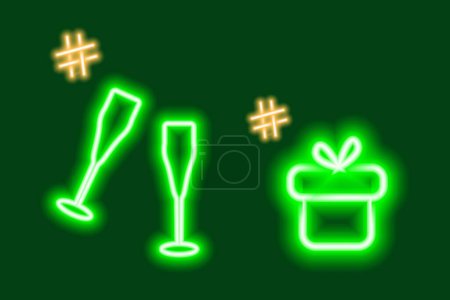 Téléchargez les illustrations : Icônes lumineuses au néon de boîte cadeau et 2 verres à vin avec hashtags. Concept de félicitations ou de recherche. Vecteur pour affiche, bannière, brochure, panneau d'affichage, carte de vœux ou d'invitation, prix, étiquette ou web - en licence libre de droit
