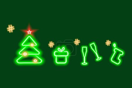 Ilustración de Conjunto de 4 iconos brillantes Árbol de Navidad, caja de regalo, copas de champán y calcetines para regalos con hashtag. EPS. Concepto de diseño vectorial para búsqueda, icono, logotipo o etiqueta, pancarta de póster y otros usos diferentes - Imagen libre de derechos