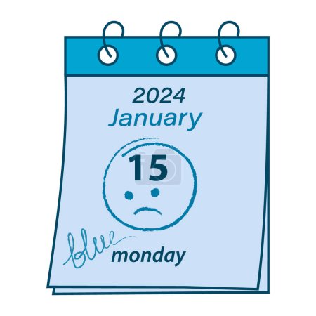 Ilustración de Hoja de calendario con fecha 2024 15 de enero, inscripción manuscrita y trazo. Feliz lunes azul. Aislar. EPS. Concepto de diseño vectorial para saludo, tarjeta, póster y otros usos diferentes - Imagen libre de derechos