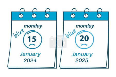 Ilustración de Conjunto de 2 hojas de calendario con fecha de Blue Monday 2024, January 15 y 2025, January 20. Aislar. EPS. Concepto de diseño vectorial para saludos, carteles y otros usos diversos en azul monocromo de moda - Imagen libre de derechos