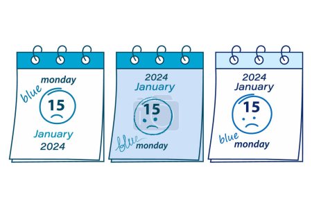 Ilustración de Conjunto de 3 hojas de calendario con la fecha del Blue Monday 2024, 15 de enero. Concepto de saludos. Aislar. EPS. Vector para tarjetas, póster, banner, folleto o etiqueta, web y muchos otros usos diferentes - Imagen libre de derechos