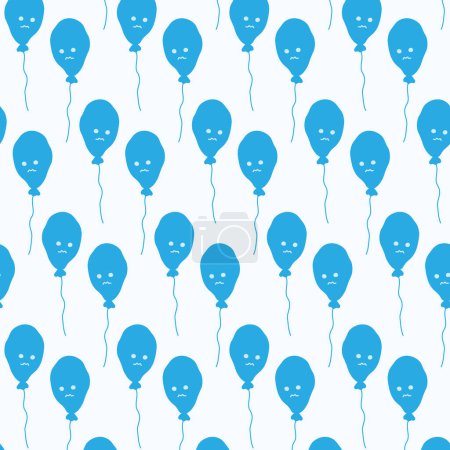 Ilustración de Patrón sin costuras de globos azules en un hilo con cara de sonrisa triste en tonos azules monocromáticos de moda. Aislar. EPS. Vector para envolver, papel pintado, póster, banner, saludos o muchos otros usos diferentes - Imagen libre de derechos