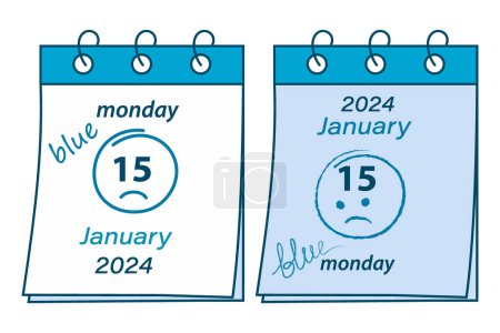 Ilustración de Hojas de calendario de lunes azul con fecha 2024, 15 de enero, inscripción manuscrita y trazo alrededor. Aislar. EPS. Concepto de diseño vectorial para póster, pancarta, folleto, felicitaciones o tarjeta de invitación o web - Imagen libre de derechos