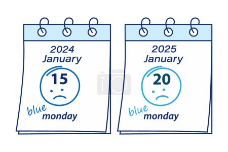 Ilustración de 2 hojas de calendario con fecha 2024, 15 de enero y 2025, 20 de enero con inscripción y trazo alrededor. Concepto de diseño de saludo Blue Monday. Aislar. EPS. Vector para tarjetas, carteles u otros usos diferentes - Imagen libre de derechos