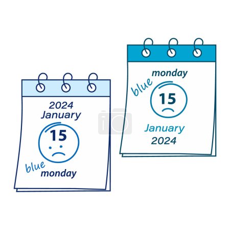 Ilustración de Hoja de calendario con Blue Monday 2024 fecha 15 de enero y cara sonriente dibujada a mano. Conjunto de 2 opciones. Aislar. EPS. Concepto de diseño vectorial para saludos Blue Monday en 2024 u otros usos diversos - Imagen libre de derechos