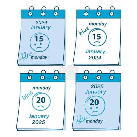 Ilustración de Hojas de calendario con fecha Lunes Azul en enero de 2024 y 2025 15 y 20 con sonriente dibujado a mano. Aislar. EPS. Concepto de diseño vectorial para saludos o invitaciones y otros usos diferentes. 4 opciones - Imagen libre de derechos