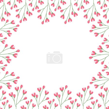 Téléchargez les illustrations : Floral all around frame of flowering branches. Copy space. Design concept for greetings or cards. Isolate. EPS. Vector template for lettering, inscription or poster, banner, web or other various uses - en licence libre de droit