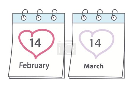Páginas del calendario con 14 de febrero y 14 de marzo. Concepto de diseño para San Valentín y White Day. Aislar. EPS. Vector para tarjetas, saludos o web, letrero, promo, anuncio o etiqueta, precio