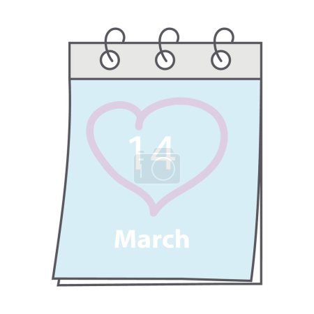 Página del calendario con fecha 14 de marzo y golpe en forma de corazón dibujado a mano. Día Blanco saludos idea de diseño. Aislar. EPS. Vector para tarjetas, promo o web, carteles, banners, banners, folletos, vallas publicitarias