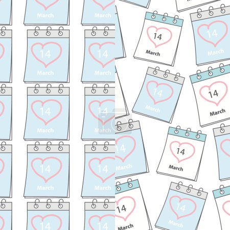 Set of seamless patterns with White Day date calendar pages March 14 and heart shaped stroke around. Isolate. EPS. Vector for wrapping, wallpaper or web, posters, banners, cards, promo, label or price