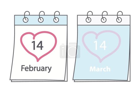 2 páginas del calendario con la fecha de la fiesta de amor 14 de febrero el Día de San Valentín y 14 de marzo el Día Blanco. Guarde el concepto de diseño de fecha. Aislar. EPS. Vector para tarjetas, letrero, promo, anuncio o web, etiqueta