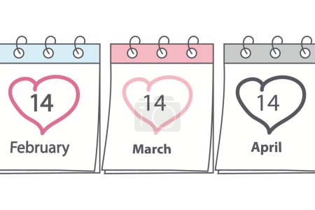 Página del calendario con fecha de vacaciones y corazón en forma de golpe a mano. Día de San Valentín, Día Blanco y Negro. Set de 3 diseños para saludo. Aislar. EPS. Vector para tarjetas, póster, banner o web o etiqueta, etiqueta