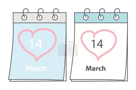 Calendar page with White Day date 14 March and heart shaped stroke. Greetings concept. 2 piece set. Isolate. eps. Vector set for greetings, cards, price tag, label or web, poster, banner, brochures