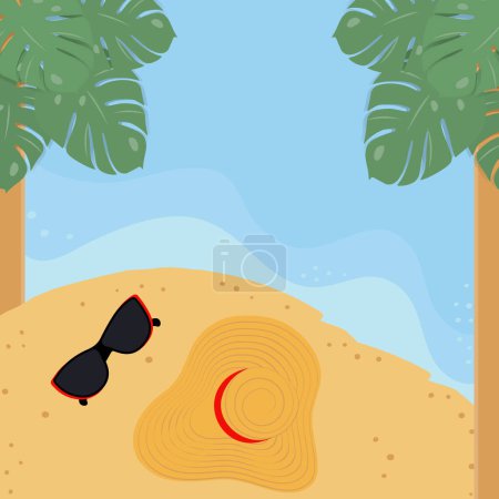 Tropical landscape with sunglasses and hat on the beach with palm trees. Front view. Copy space. EPS. Design concept for cards, posters, banners, brochures or web, coupon, promo or advertisement, tag 