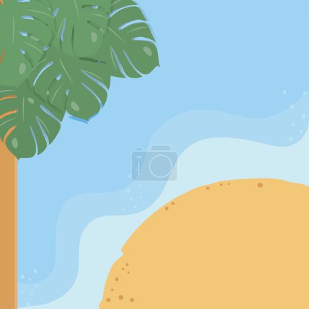 Summer landscape background with copy space, palm tree, part of sandy beach and sea waves around. Vector design concept for cards, poster, banner, brochure, price tag, label or web, promo, billboard