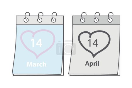 Página del calendario con fecha 14 de marzo Día Blanco y 14 de abril Día Negro con el corazón en forma de golpe a mano. Conjunto de 2. Aislar. EPS. Vector para tarjetas, póster, banner o web, saludo, promo o etiqueta, etiqueta de precio