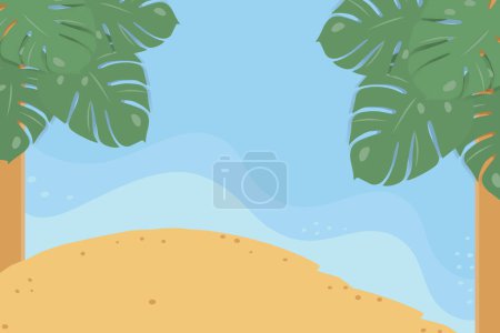 Sommerliche Meereslandschaft mit Palmen, einem Teil des Sandstrandes und umliegenden Meereswellen. Kopierraum. Hintergrund. Vektor-Designkonzept für Karten, Plakate, Banner, Broschüren, Preisschild, Etikett oder Web, Promo, Plakatwand