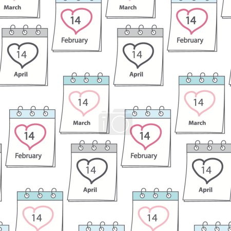 Seamless pattern of Calendar pages with date 14 March and 14 April with heart shaped stroke by hand. Isolate. EPS. Vector for backdrop, wrapping or web, wallpaper, poster, banner, cards, price, label