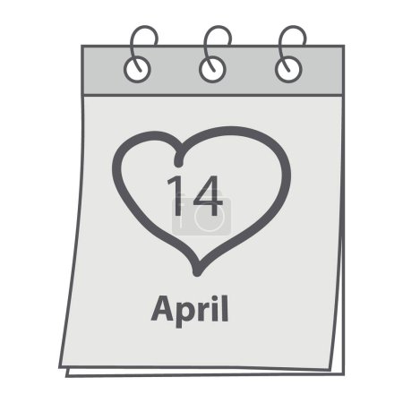 Calendar page with 14 April date and heart shaped stroke. Black Day greetings concept in grayscale. Isolate. EPS. Vector for cards or web, posters, banners, brochures, billboards or web, label or tag 