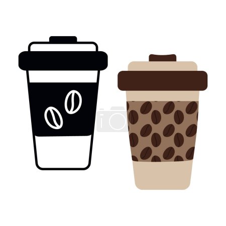 Schwarz-weiße Zeichnung und gemusterte Einweg-Kaffeetassen mit Kaffeekörnern. Logo. Symbolbild. Aufkleber. Coffee Day Grüße Design-Element Idee. EPS. Vektor für Zeiger oder Karten, Plakat, Preisschild, Web