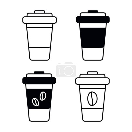 Dessin à la silhouette Tasses à café jetables dans le minimalisme Concept de conception icône logo noir et blanc Ensemble de 4 isolat Eps Vector Idea pour cartes, autocollants, pointeurs ou affiches, bannière, brochures, étiquette de prix