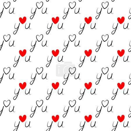 Love you Handwriting lettering concept with outline and red heart shape Minimalist Seamless pattern Isolate EPS Vector Calligraphic design for wrapping, wallpaper or web, print, greetings back, banner