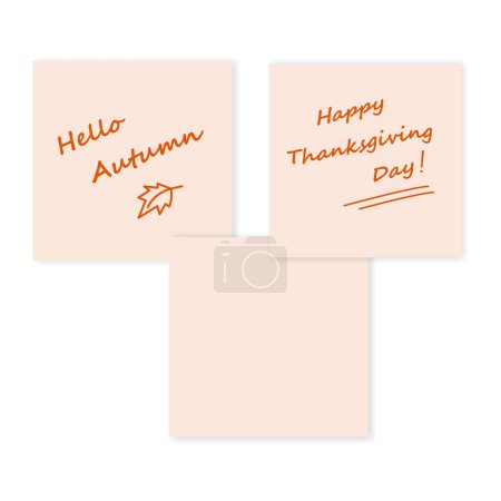 Ilustración de Hello Autumn Happy Thanksgiving Day Letras de escritura a mano y página en blanco Adhesivos de notas Conjunto de 3 tarjetas EPS Aislar EPS, carteles, pancartas, folleto, promo, anuncio o web, etiqueta, concepto de etiqueta de precio - Imagen libre de derechos