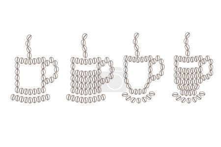 Abstrakte stilisierte Silhouette und Umriss Kaffeetassen mit Untertasse und Dampf von Kaffeebohnen Kontur Set von 4 Vector Logo Sticker Icon Grußkarten, Poster, Banner, Preis, Etikett oder Web-Design-Idee