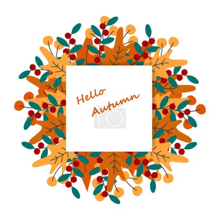 Hello Autumn Text Inside Frame of Fall Leaves on sticker note page Copy space Greetings design idea Isolate EPS Vector Cards, posters, banners, brochures, invitations, price tag, label or web, promo 