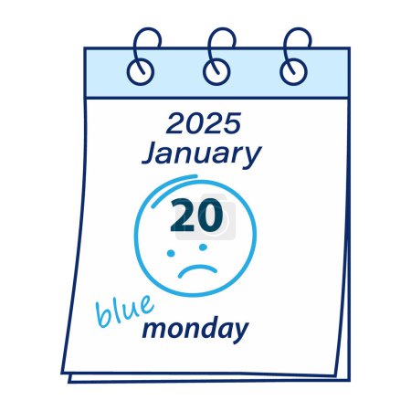 Ilustración de Blue Monday 2025 Hoja de calendario con la fecha 2025 20 de enero y la cara de sonrisa triste dibujada a mano alrededor de Isolate EPS Vector - Imagen libre de derechos