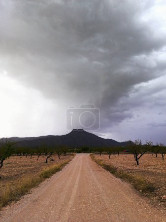 Dirt road with mountains and storm clouds in the background.  Vertical shot during the day