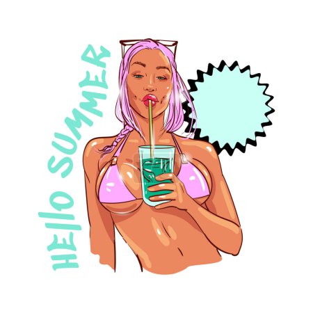 Illustration for Portrait of a Hot girl in a swimsuit with a glass of mojito in her hand. Sexy woman in a bikini drinks a cocktail through a straw. Template hello summer with inscription. Vector comic style for banner - Royalty Free Image