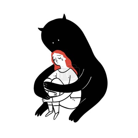 Das traurige Mädchen sitzt allein umarmt von einem schwarzen Schatten von hinten, Handgezeichnet Vektor Illustration Doodle-Stil.