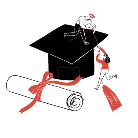 Ilustración de Un joven estudiante de la universidad está ayudando a su amigo arriba en la gorra de graduación. Ilustración vectorial dibujado a mano estilo garabato. - Imagen libre de derechos