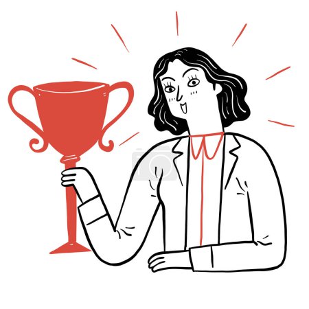 Illustration for The pretty girl is holding the trophy that is winner. Vector illustration hand drawn doodle style. - Royalty Free Image