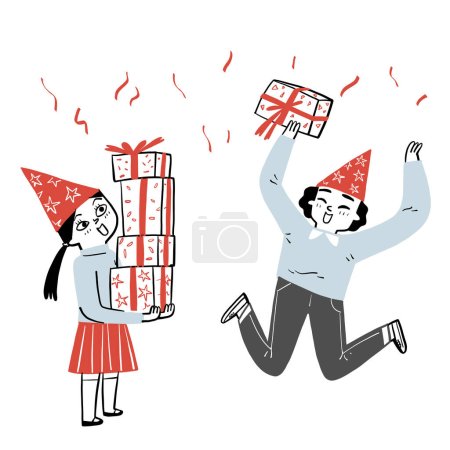 Illustration for The happy kids are gleefully with gifts. Hand drawing vector illustration doodle style. - Royalty Free Image