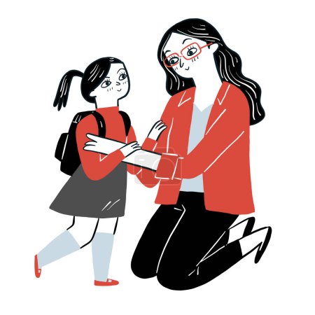 Ilustración de La madre sonríe y habla antes de que su hija vaya a la escuela. Dibujo a mano vector ilustración doodle estilo. - Imagen libre de derechos