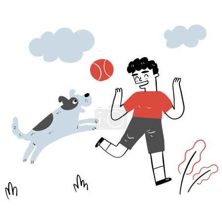 Ein verspielter Junge mit Hund. Handzeichnung Vektor Illustration Doodle-Stil.