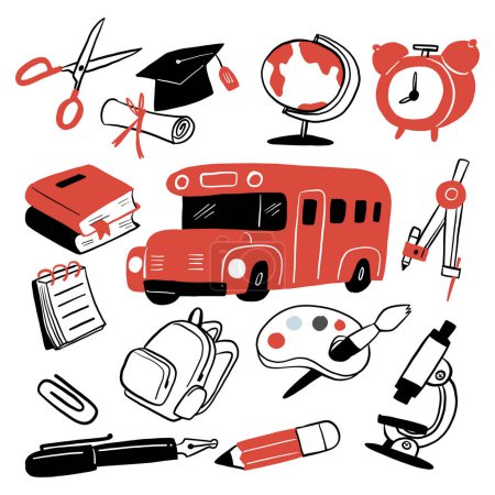 Ilustración de La colección de iconos de la educación, concepto Regreso a la escuela. Dibujo a mano vector ilustración doodle estilo. - Imagen libre de derechos